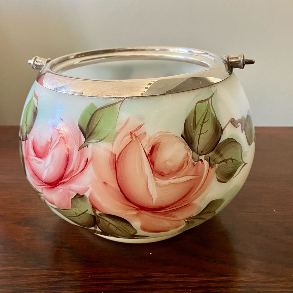 Vintage hand painted milk glass and silver biscuit jar